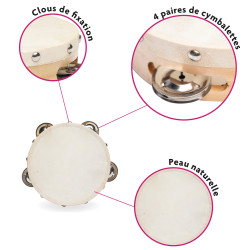 LOT DE 10 TAMBOURINS EN PEAU NATURELLE DE 15 CM AVEC 8 CYMBALETTES